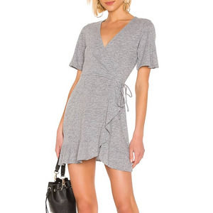 New Monrow Medium Ruffled Wrap Mini Dress Heather Gray Slub Cotton Blnd Sundress